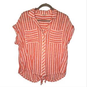 Lucky Brand Linen Striped Sleeveless Collard Open Back Tie Blouse Size Small
